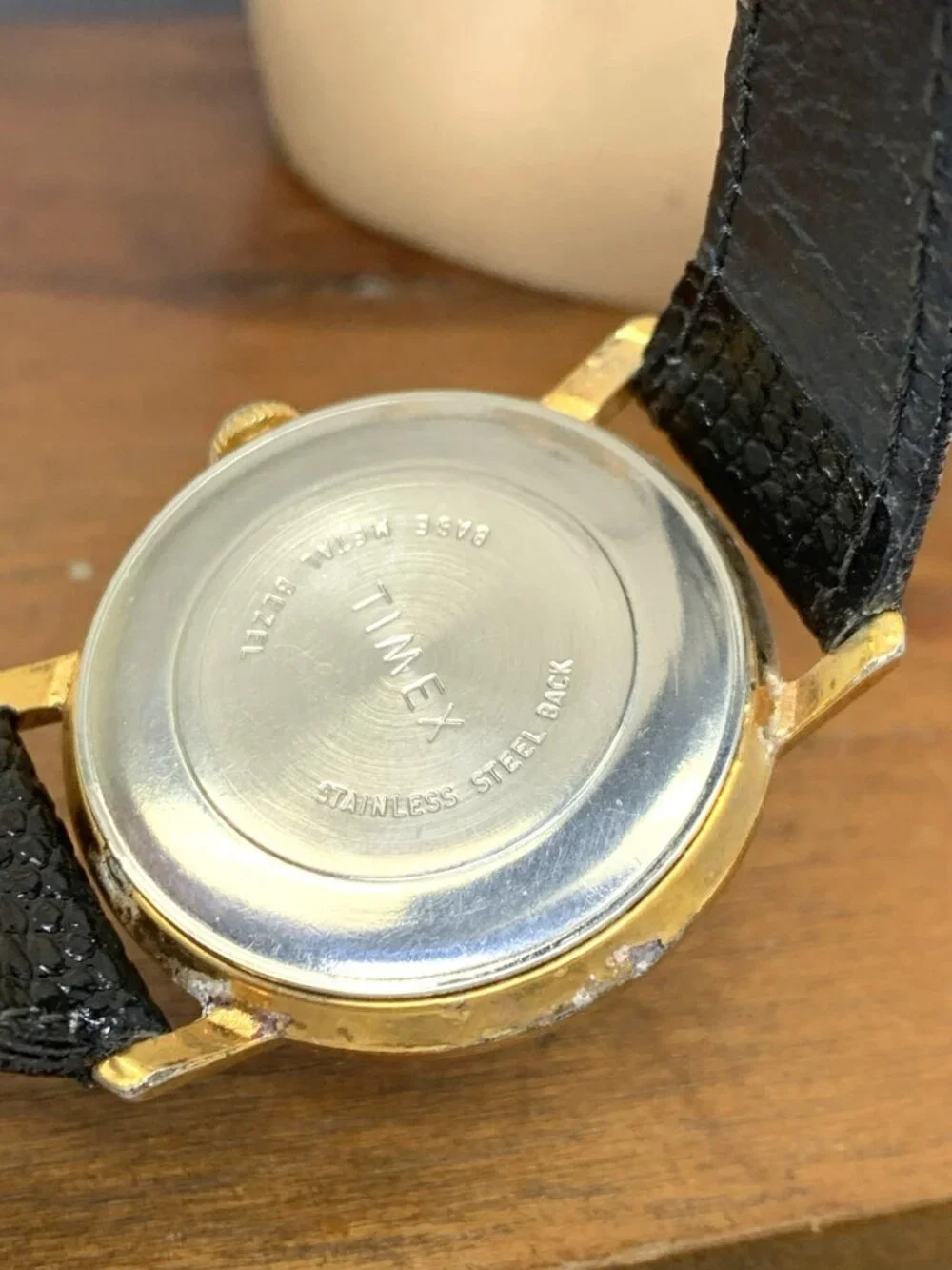 Timex Men's Watch Vintage Manual Wind Gold Dial Black Leather Strap 33mm